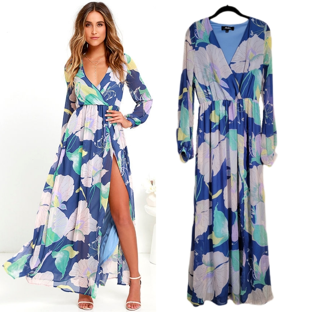 Lulus wondrous water lilies maxi dress denim blue